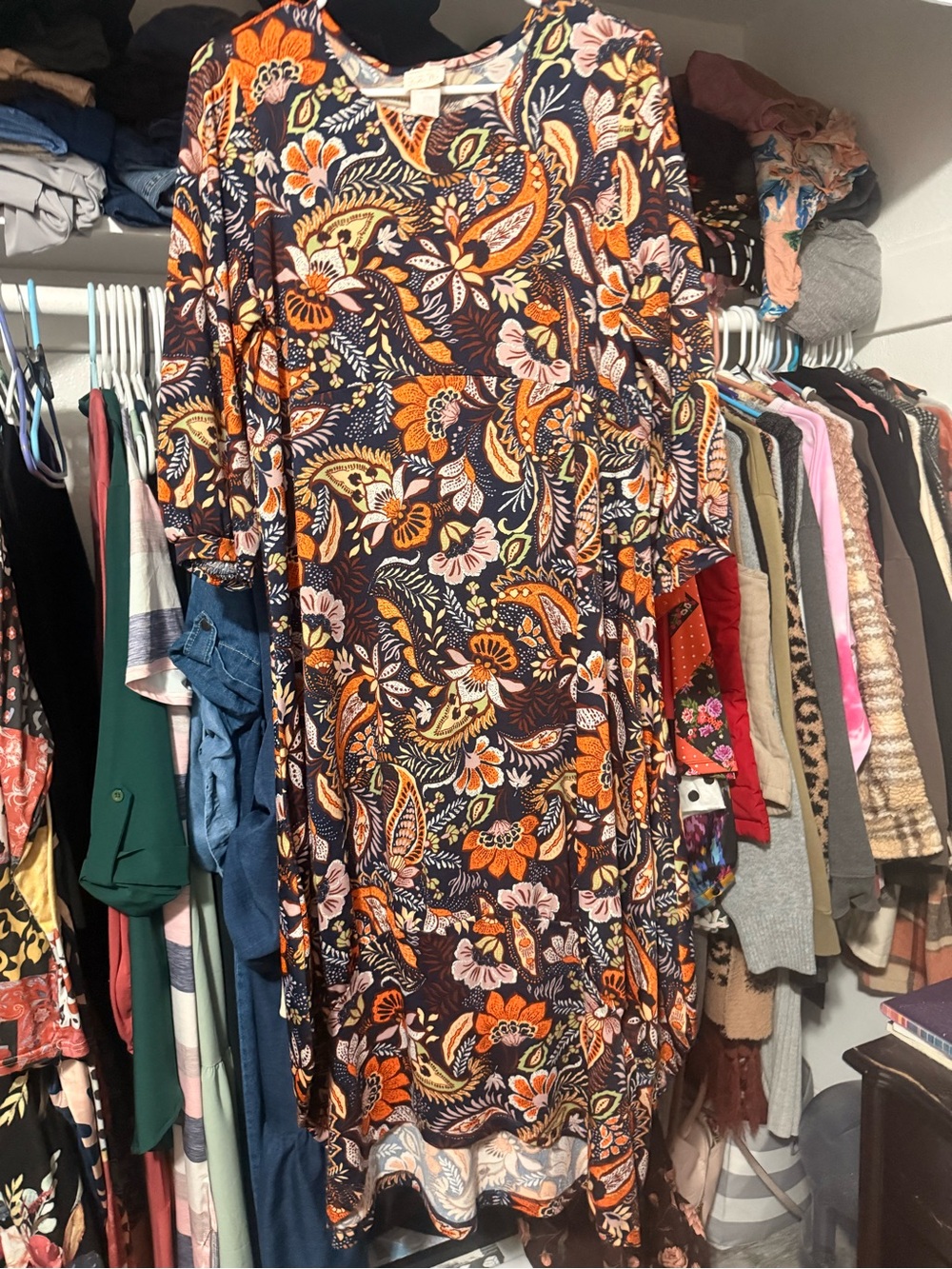 Navy Floral Paisley Maxi Dress with Orange and Pink Accents